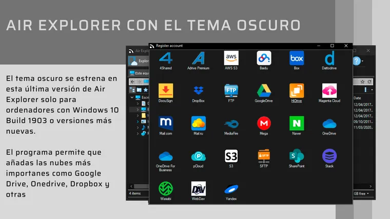 Air Explorer con el tema oscuro