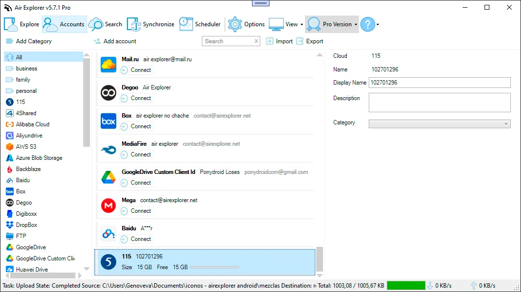 Instala Air Explorer y añade tus cuentas de Google Drive y OneDrive en la pestaña “Cuentas”