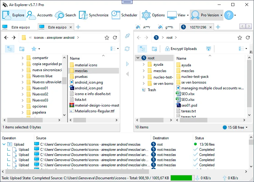 Arrastra y suelta archivos entre nubes o programa transferencias.