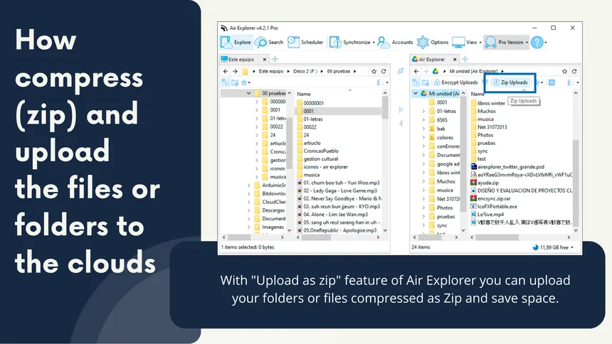 How compress (zip) and upload the files or folders to the clouds