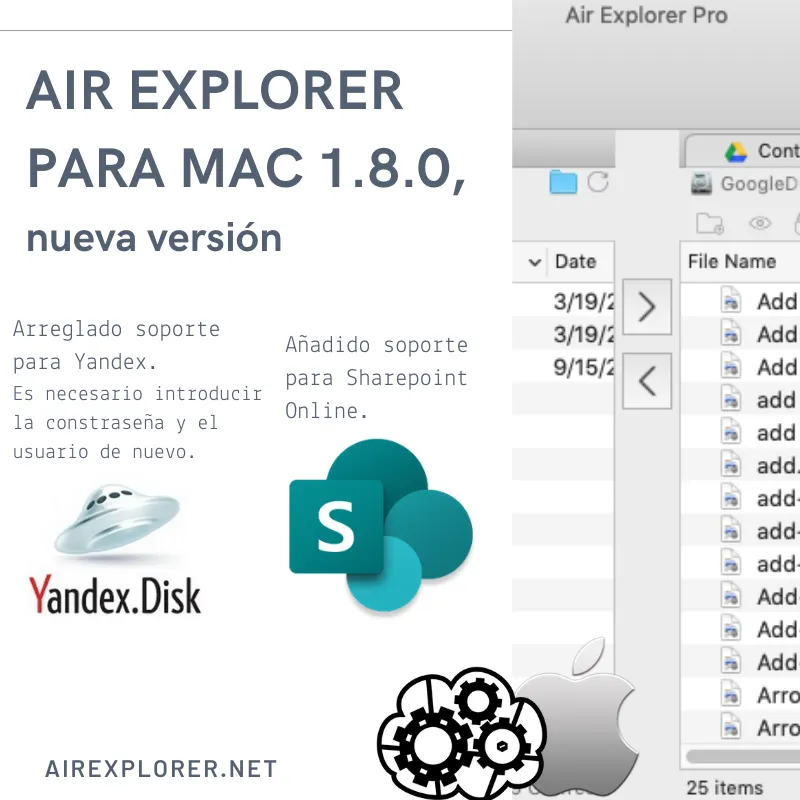 Banner de Air Explorer para Mac 1.8.0: arreglado Yandex y añadido SharePoint Online