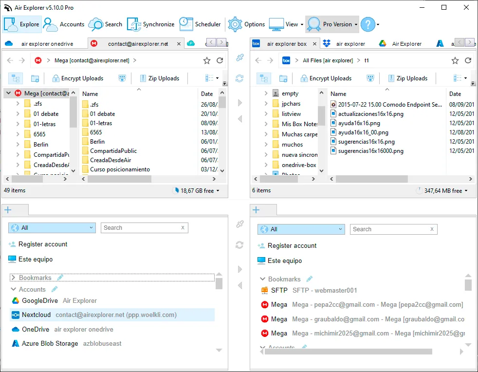 Managing Four Cloud Accounts in One Screen in Air Explorer