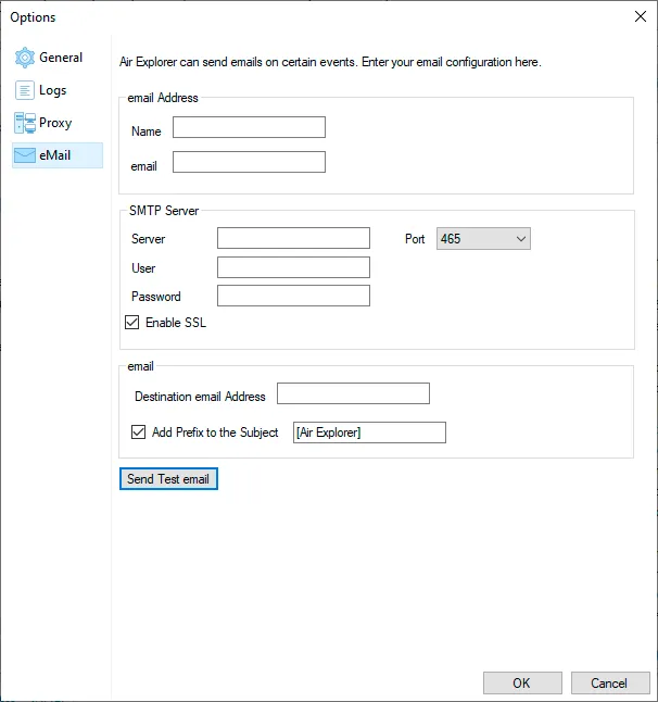 Air Explorer options to enter your email