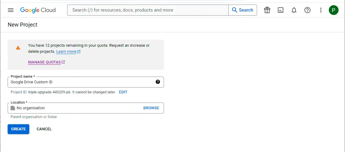 Google Cloud dialog to create a project