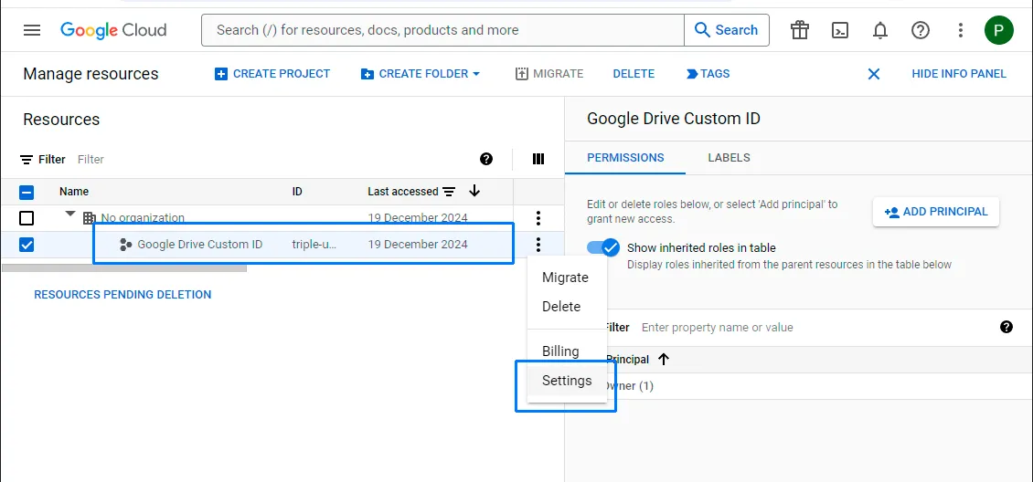 Google Cloud project selector and settings