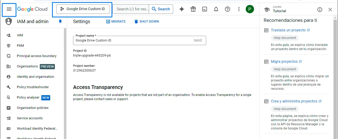 Google Cloud project menu button