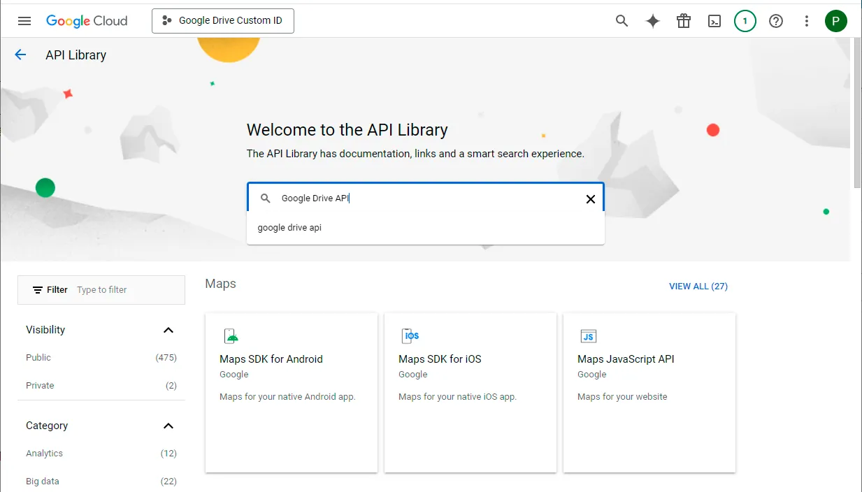 Google Cloud API library search box