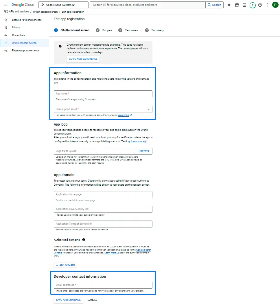 Google Cloud OAuth app registration details form
