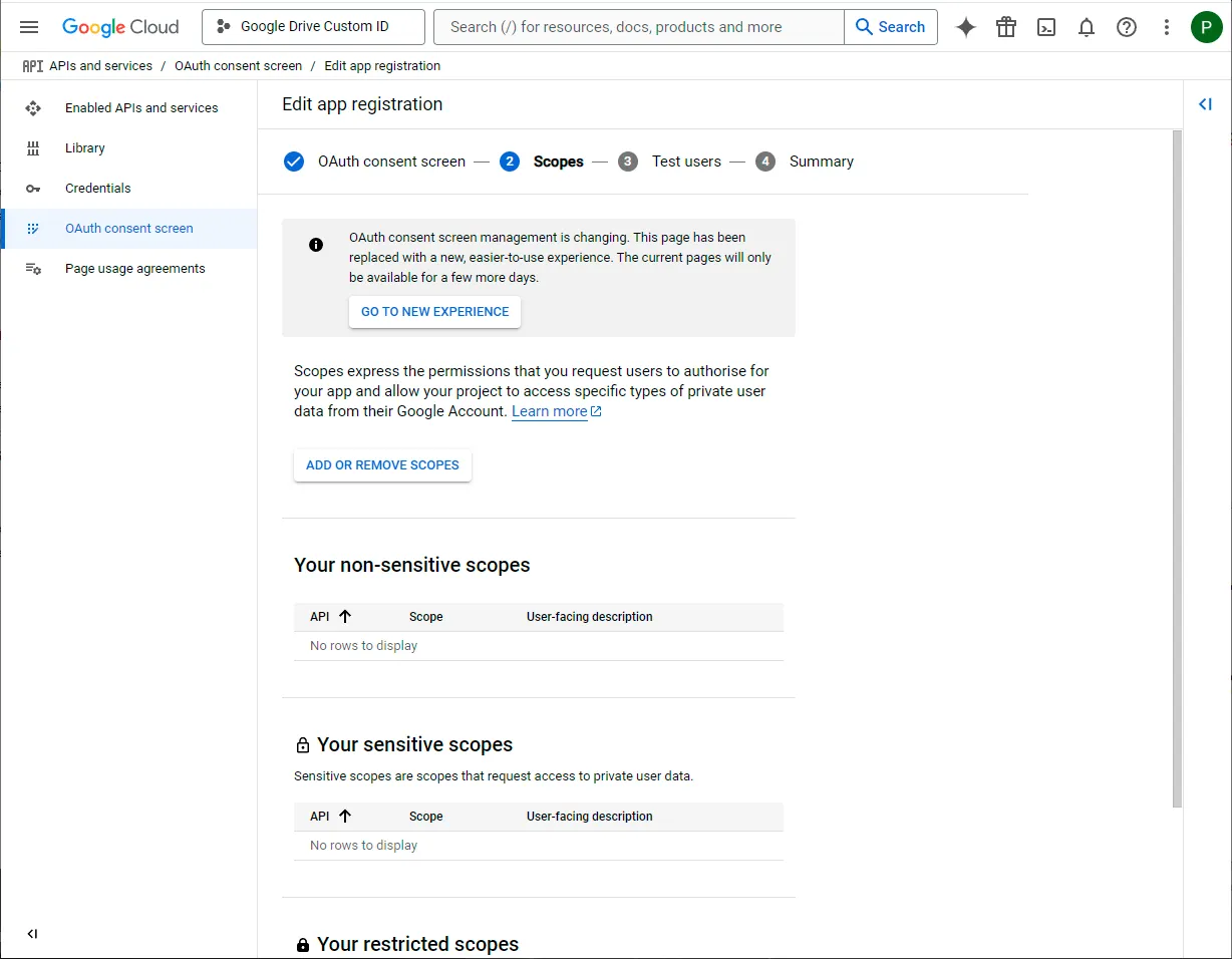 Google Cloud scopes configuration screen