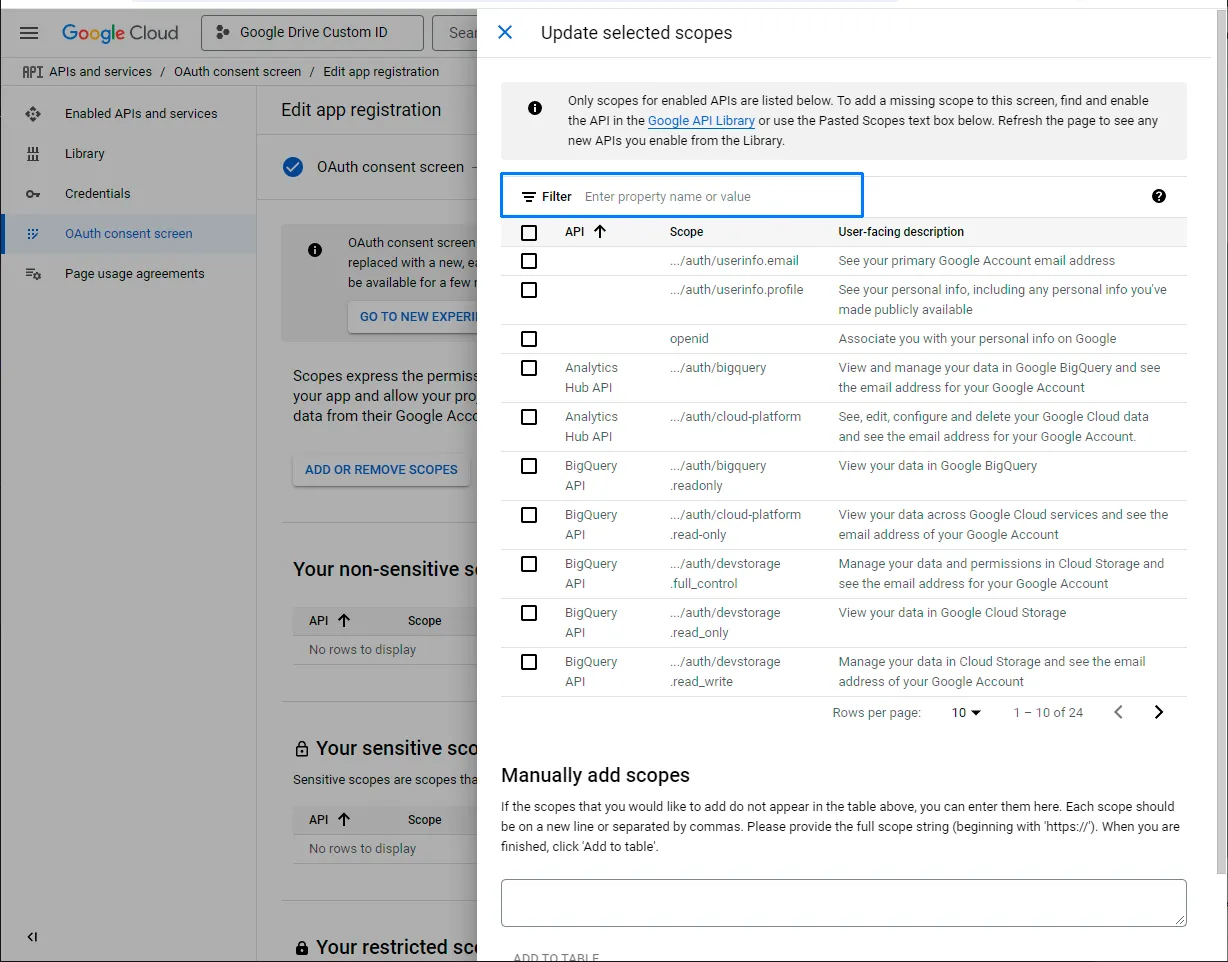 Google Drive API scope selected in Google Cloud