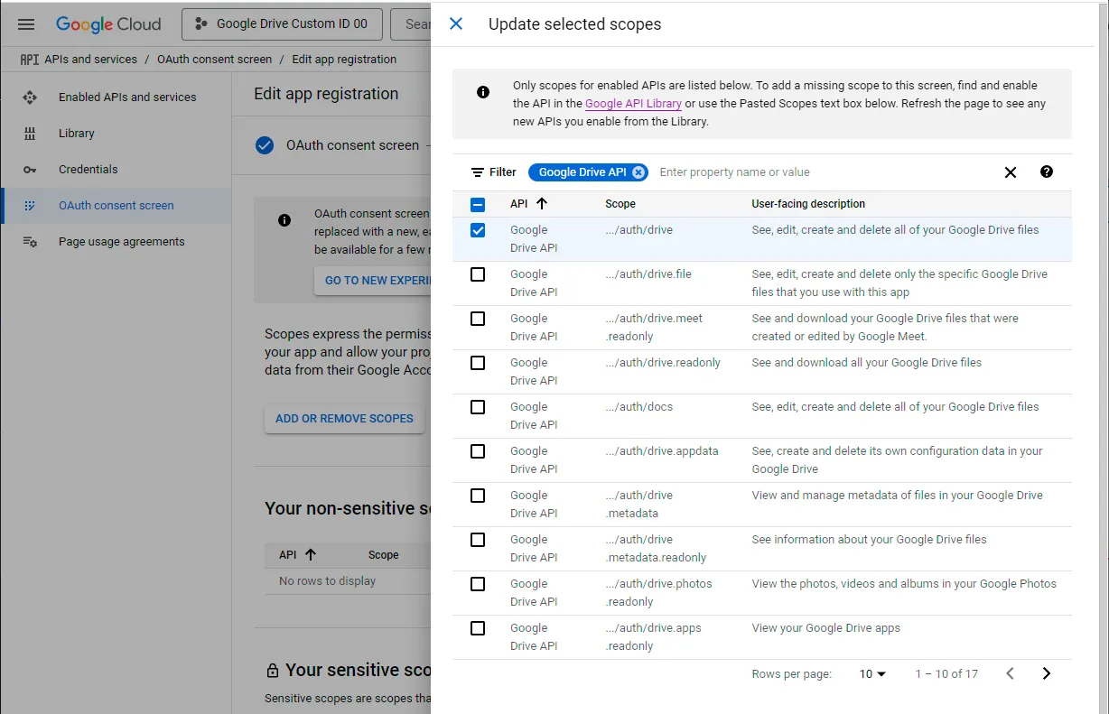 Save selected OAuth scopes in Google Cloud