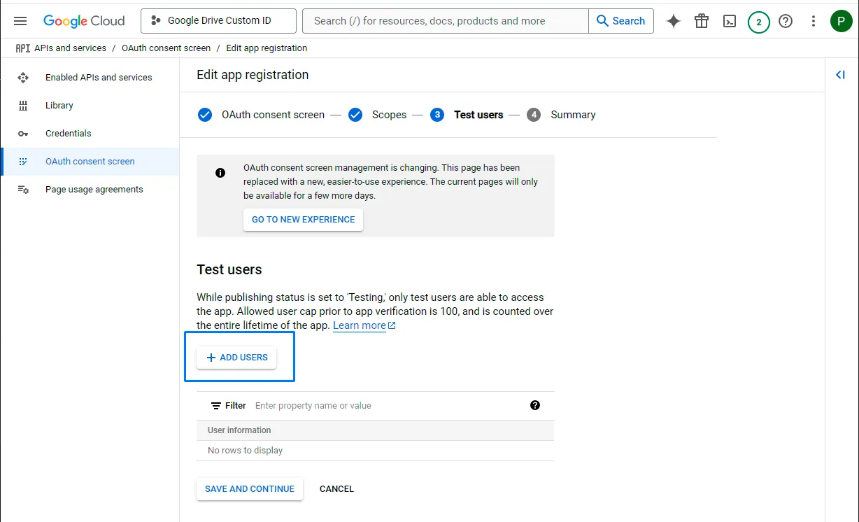 Google Cloud test users section