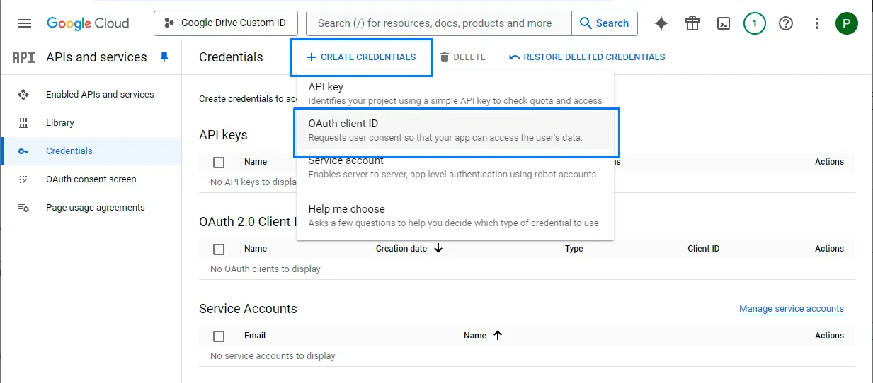 Create OAuth client ID credentials in Google Cloud
