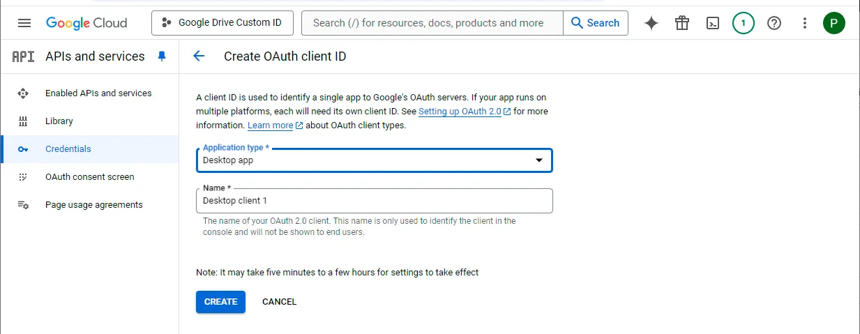 Google Cloud OAuth client ID application type desktop app