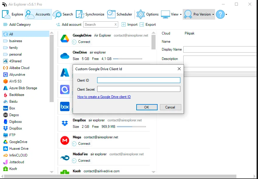 Air Explorer Google Drive custom client credentials form