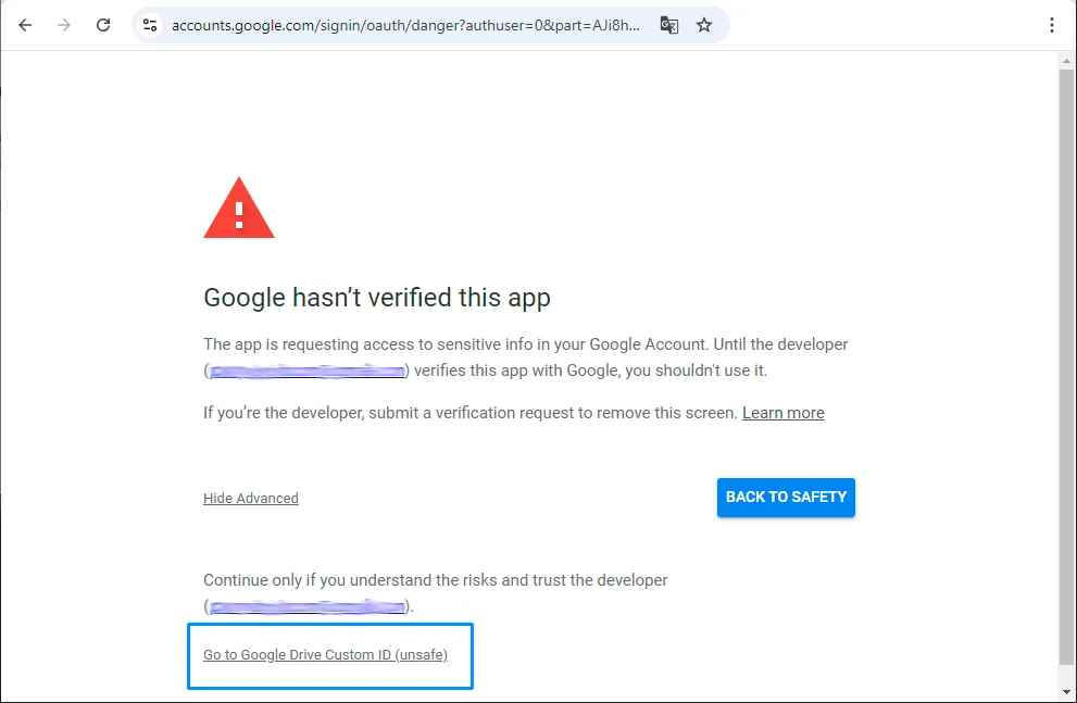 Google authorization unsafe app link