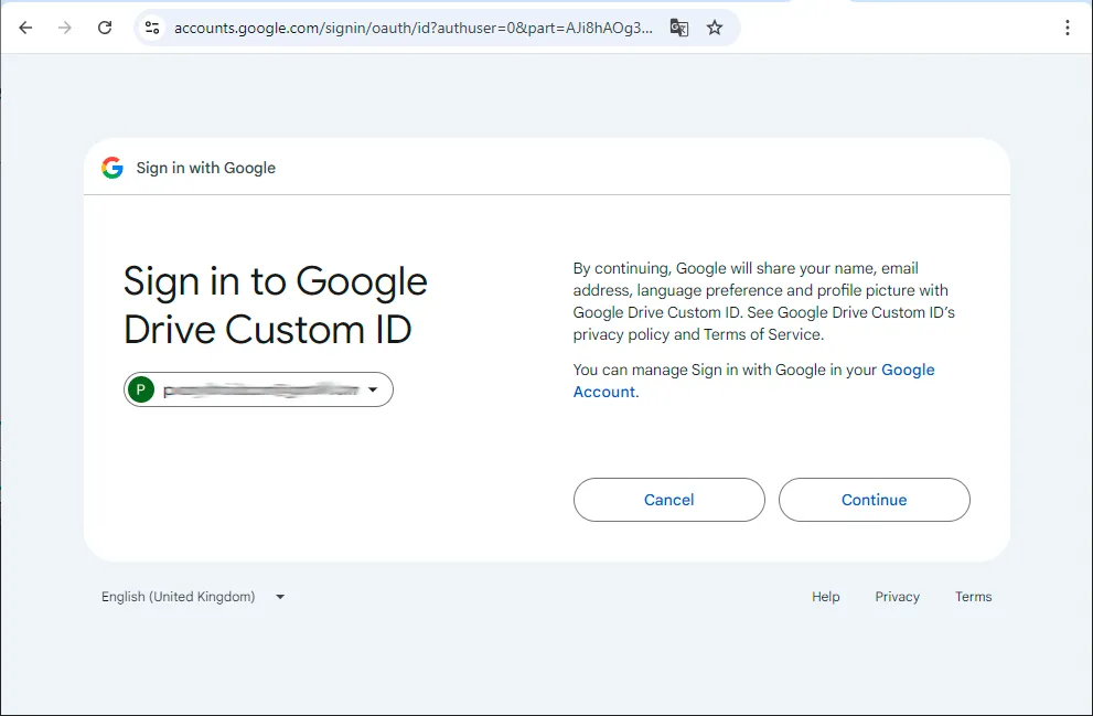 Google Drive Custom ID authorization continue button