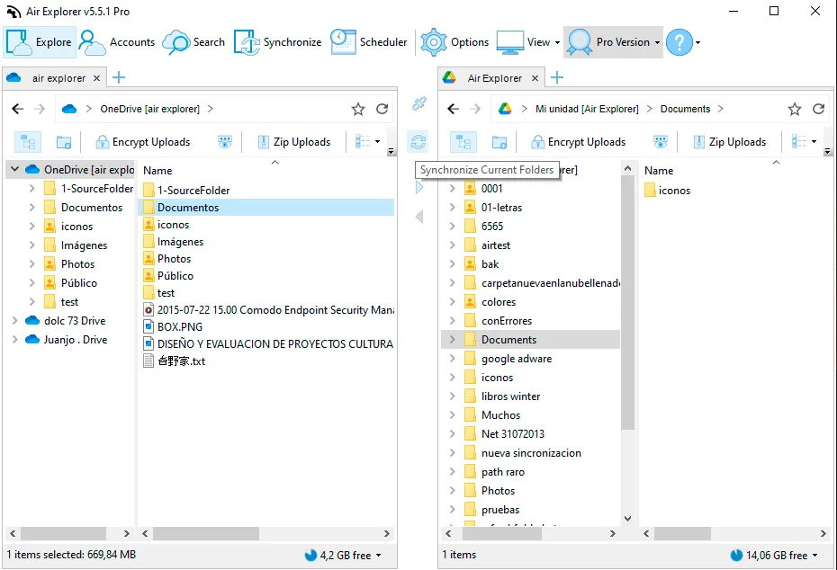 Synchronizing a OneDrive folder with Google Drive in Air Explorer