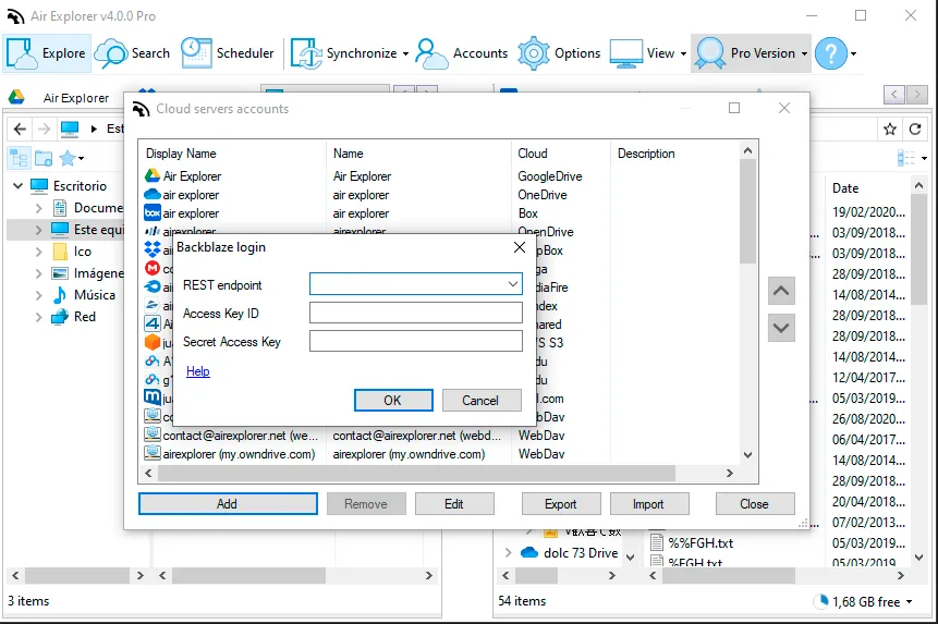 Backblaze login dialog in Air Explorer asking for the REST endpoint, Access Key ID and Secret Access Key