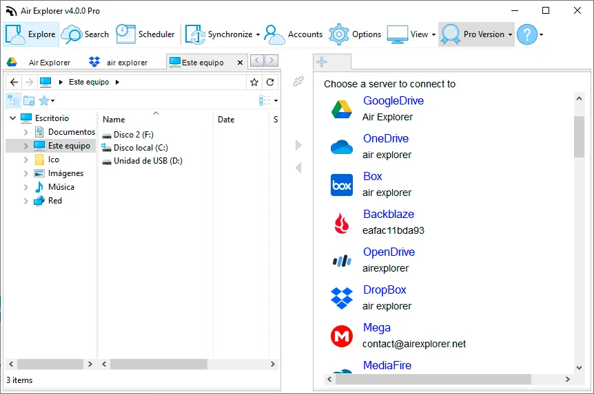 Air Explorer list of clouds with the Backblaze account ready to open