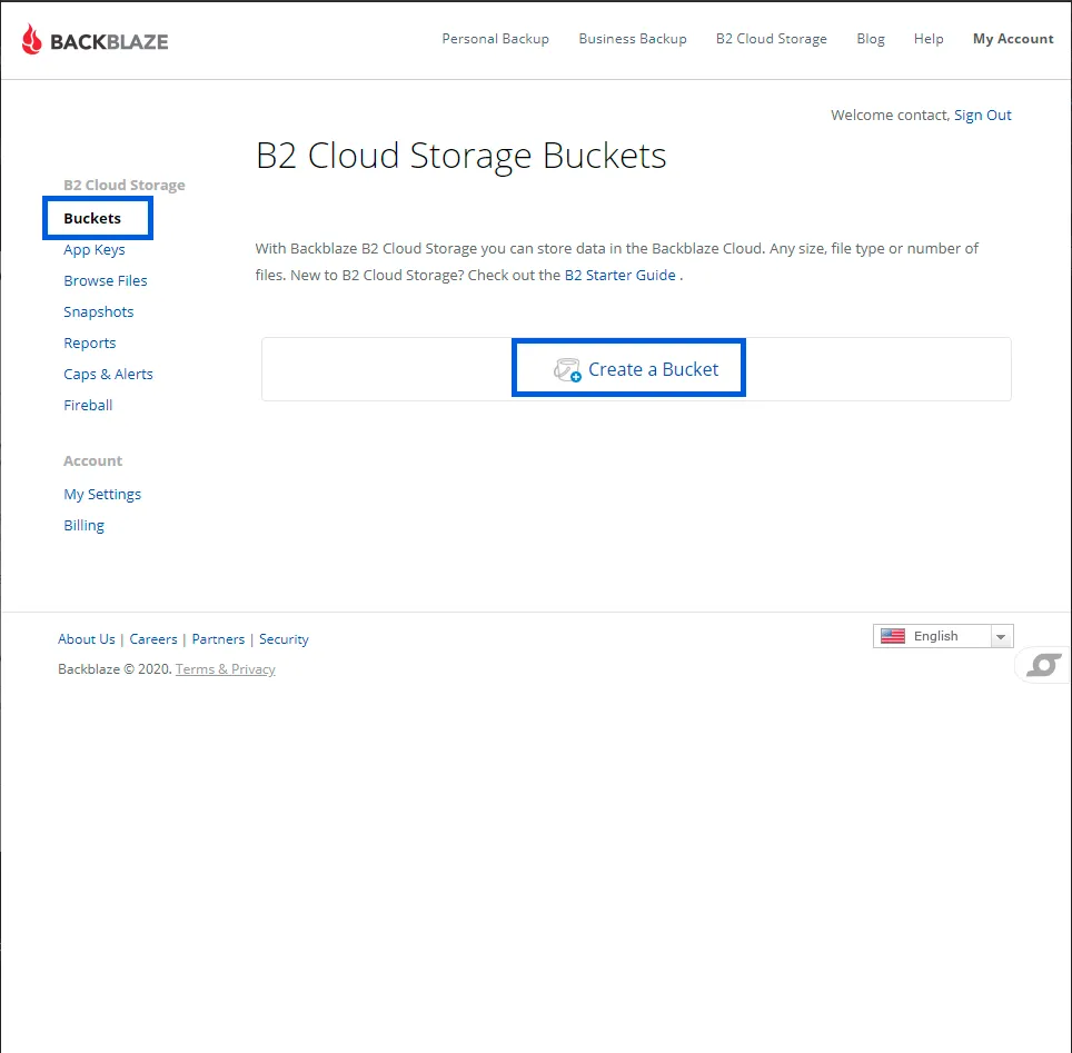Buckets page of the Backblaze B2 website with the Create a Bucket button highlighted