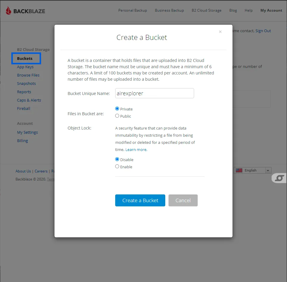 Create a Bucket form on the Backblaze B2 website, with a private bucket named airexplorer