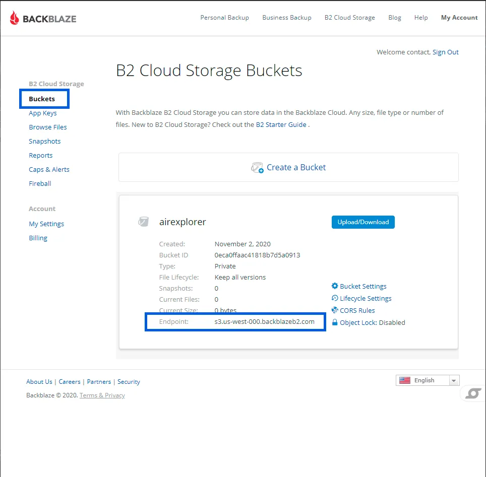 New bucket in Backblaze B2 with its S3 endpoint highlighted