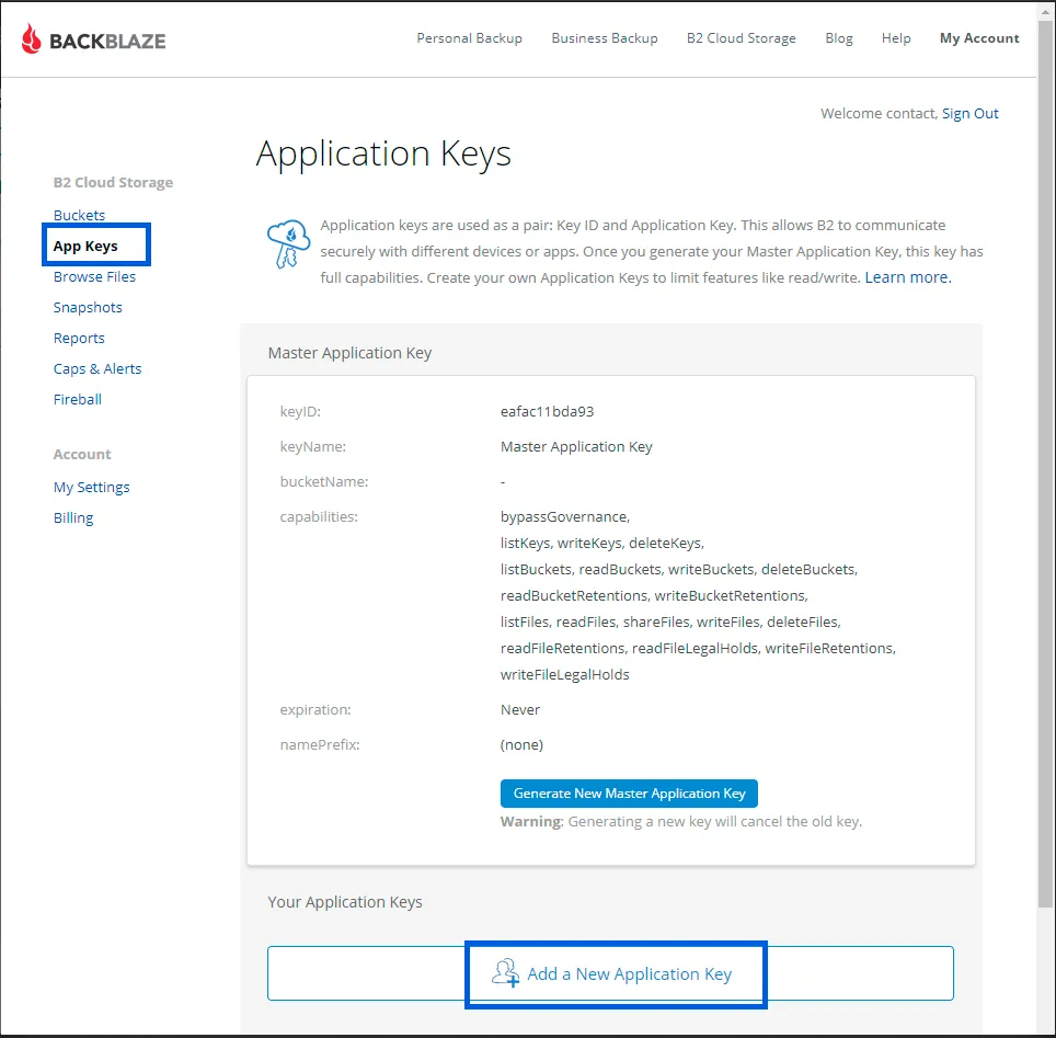 App Keys page of Backblaze B2 with the Add a New Application Key button highlighted
