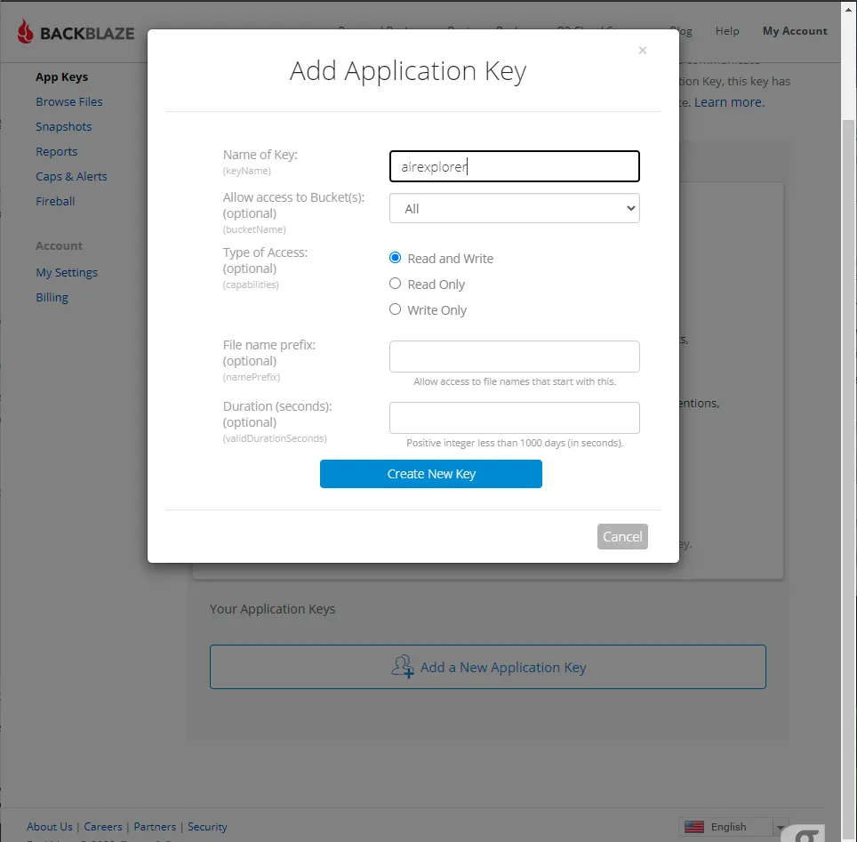 Add Application Key form in Backblaze B2 with read and write access