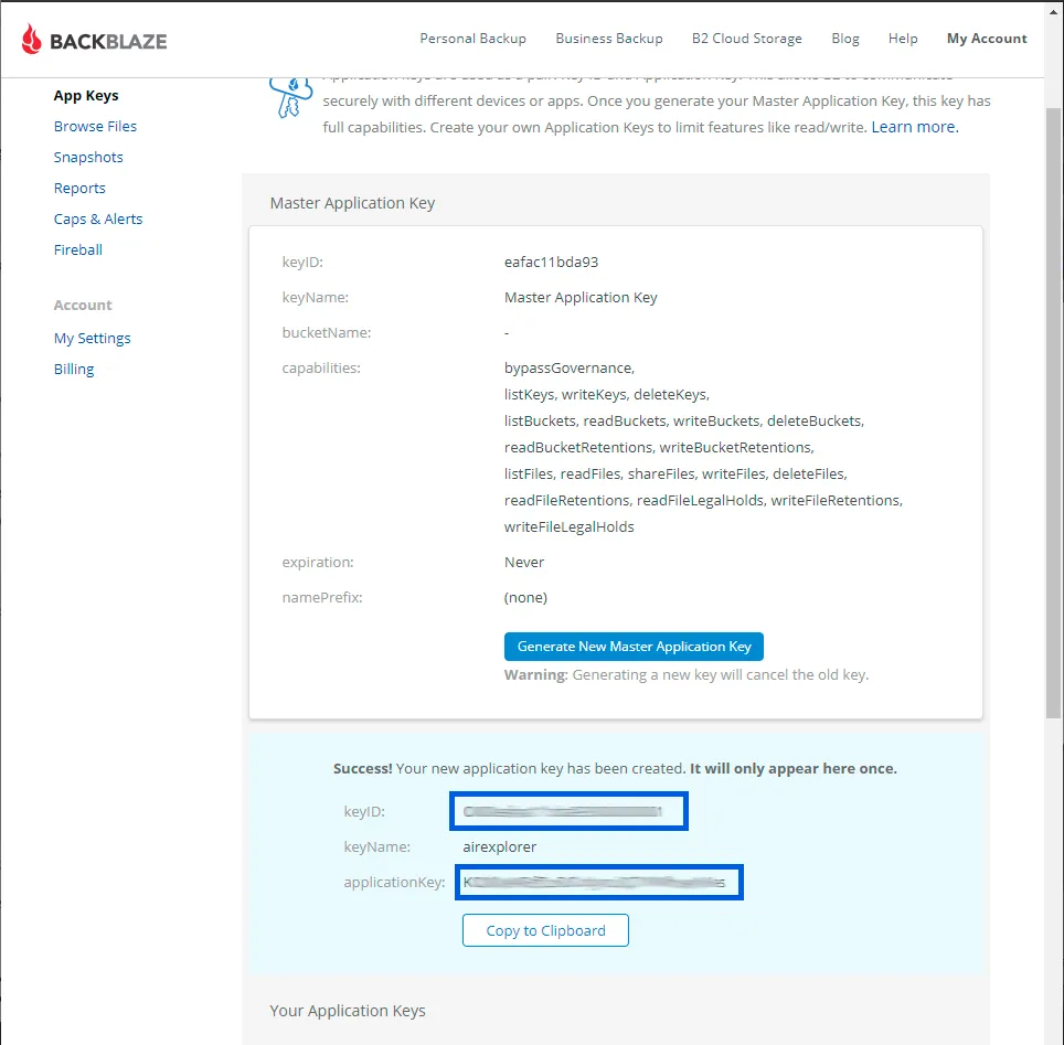 Backblaze B2 confirmation of a new application key, with the keyID and applicationKey to copy into Air Explorer
