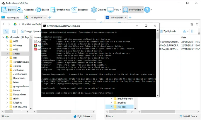 La interfaz de línea de comandos (CLI) de Air Explorer mostrando los comandos disponibles para automatización avanzada en la nube, incluidas transferencias sincronizadas, gestión de archivos y tareas entre nubes mediante scripts.