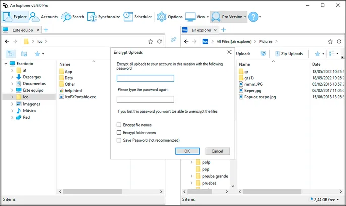 Ventana de configuración de encriptación de Air Explorer con los campos de contraseña y opciones para encriptar nombres de archivos y carpetas