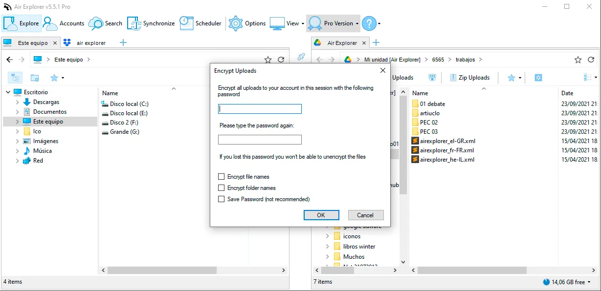 Activa las opciones de encriptado en Air Explorer