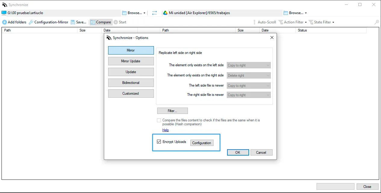 Set synchronization options