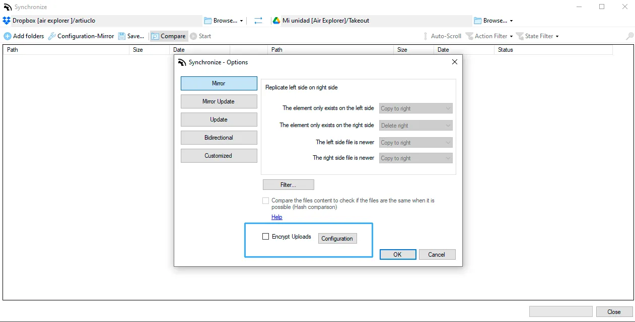Opciones de sincronización de Air Explorer entre Dropbox y Google Drive con la opción Encrypt Uploads resaltada