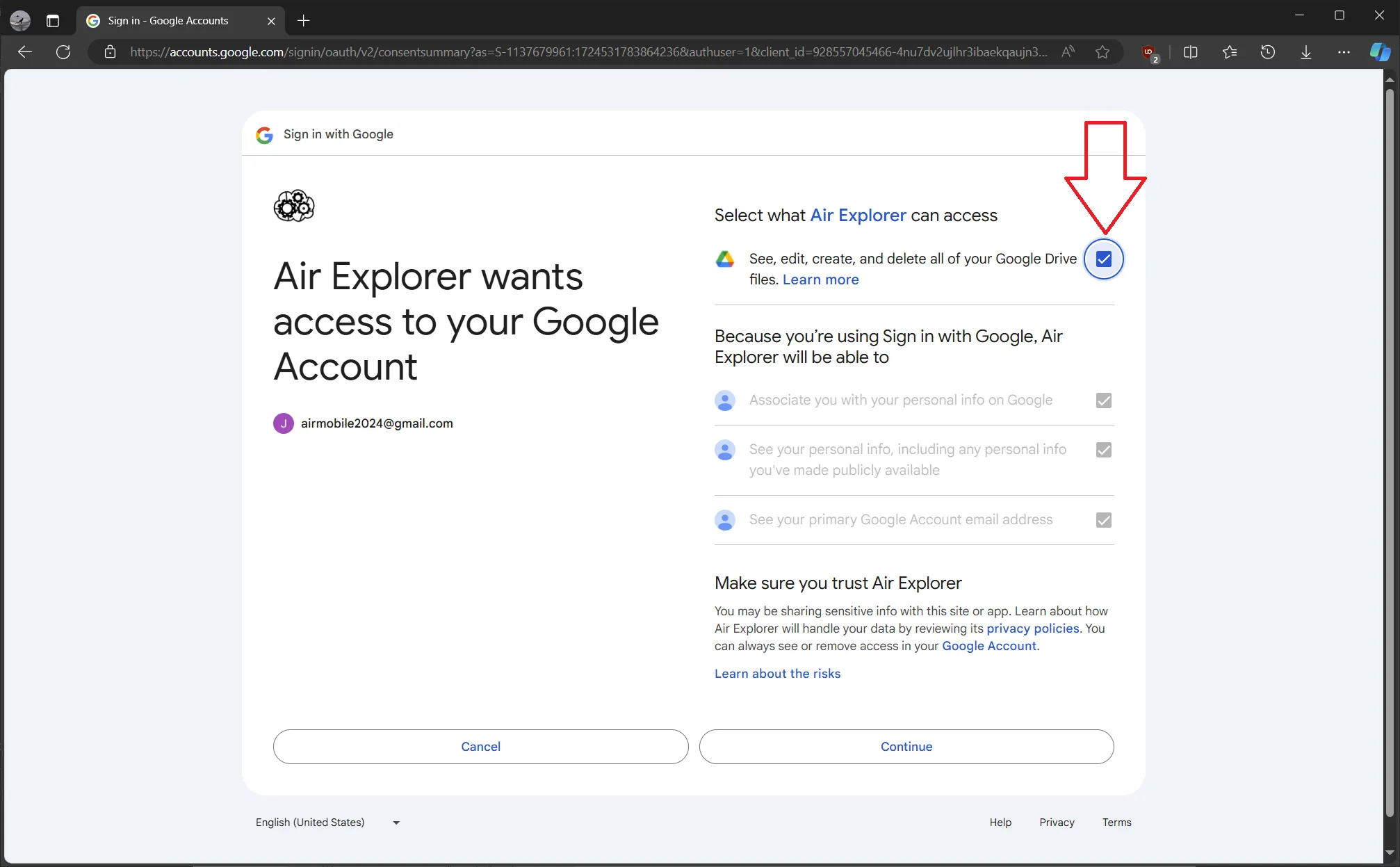 To add Google Drive to Air Explorer, remember to click “See, edit, create, and delete all of your Google Drive files.”
