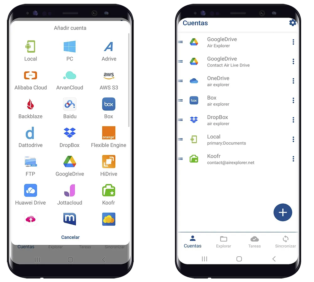 Air Explorer para Android: lista de nubes para añadir y pantalla de Cuentas con dos cuentas de Google Drive