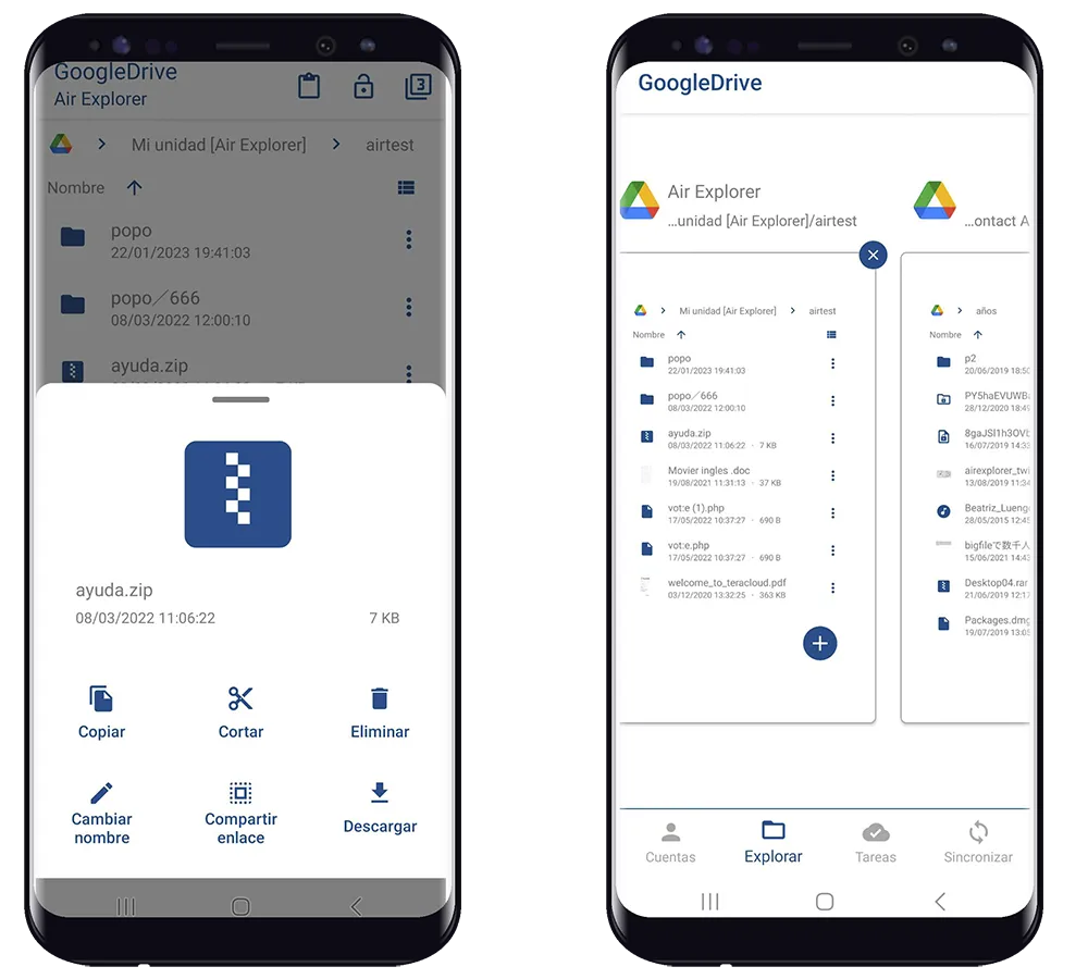Air Explorer para Android: menú para copiar un archivo de Google Drive y dos cuentas de Google Drive en pestañas