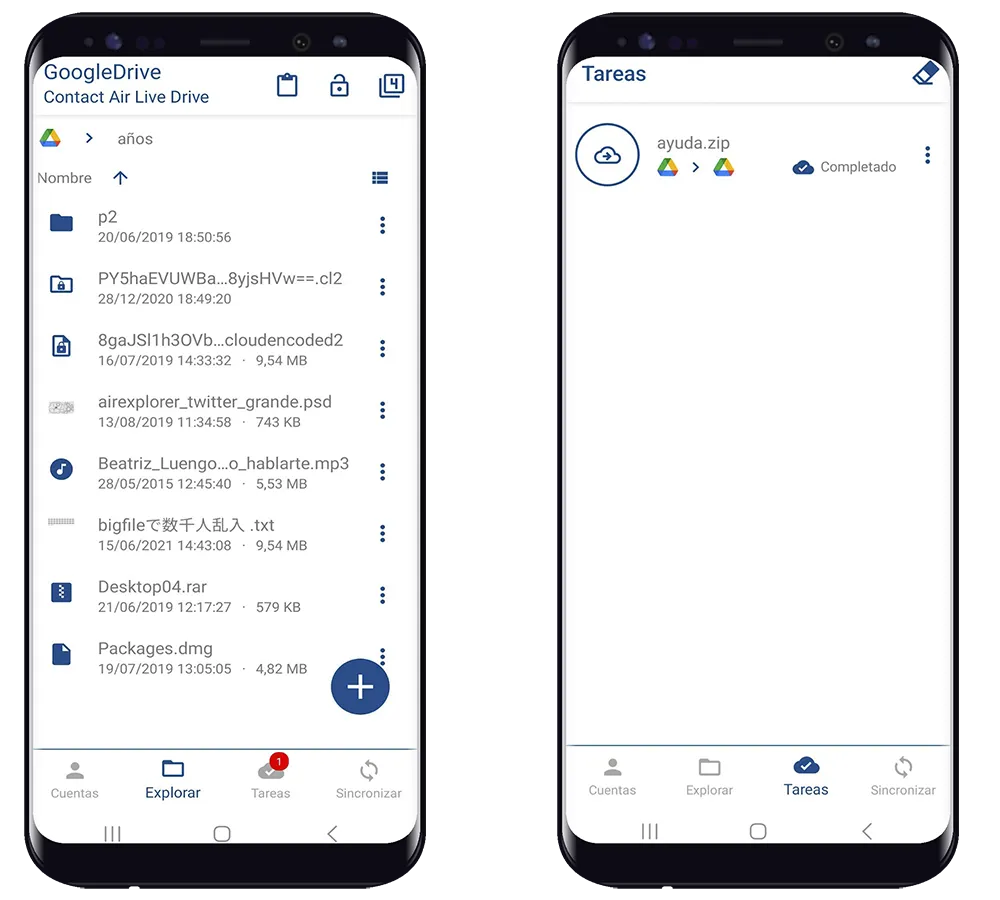 Air Explorer para Android: la segunda cuenta de Google Drive y la pantalla de Tareas con la copia completada
