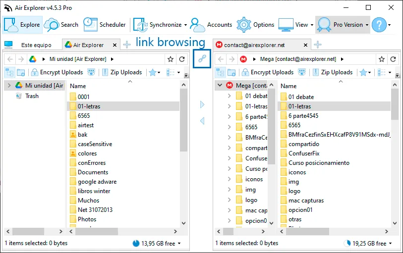 Google Drive and MEGA side by side in Air Explorer with linked browsing on, so both panes open the same folder