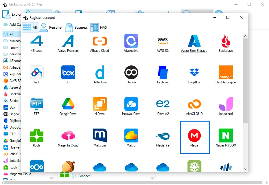 Add your MEGA account to Air Explorer