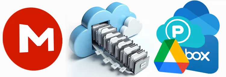 MEGA logo next to a cloud filing cabinet and the Google Drive, pCloud, OneDrive and Box logos