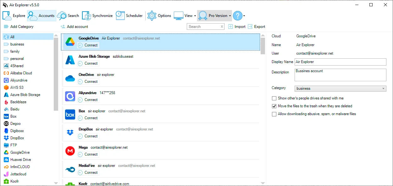 Air Explorer accounts tab