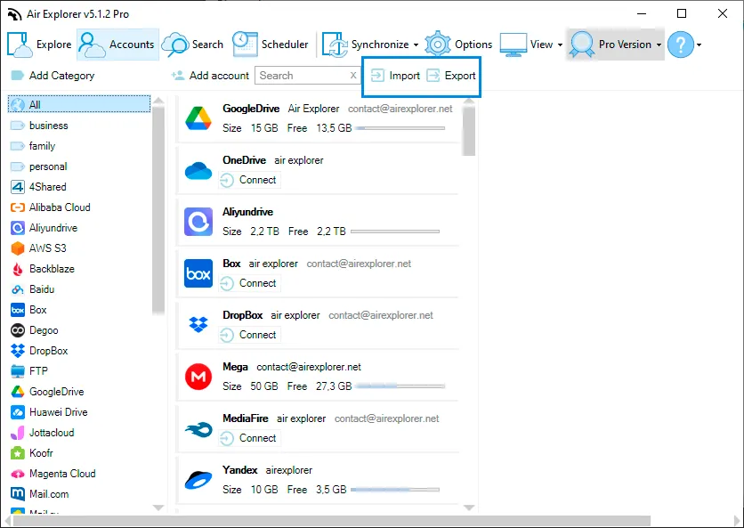 How to import and export cloud accounts in Air Explorer