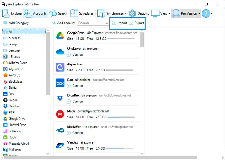How to import and export cloud accounts in Air Explorer