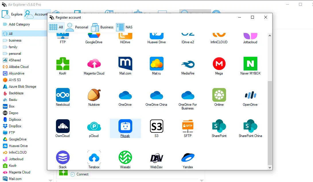Register account window in Air Explorer with PikPak, TeraBox and the other supported clouds