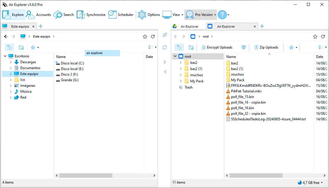 The PC and PikPak open side by side in Air Explorer to download PikPak files and folders