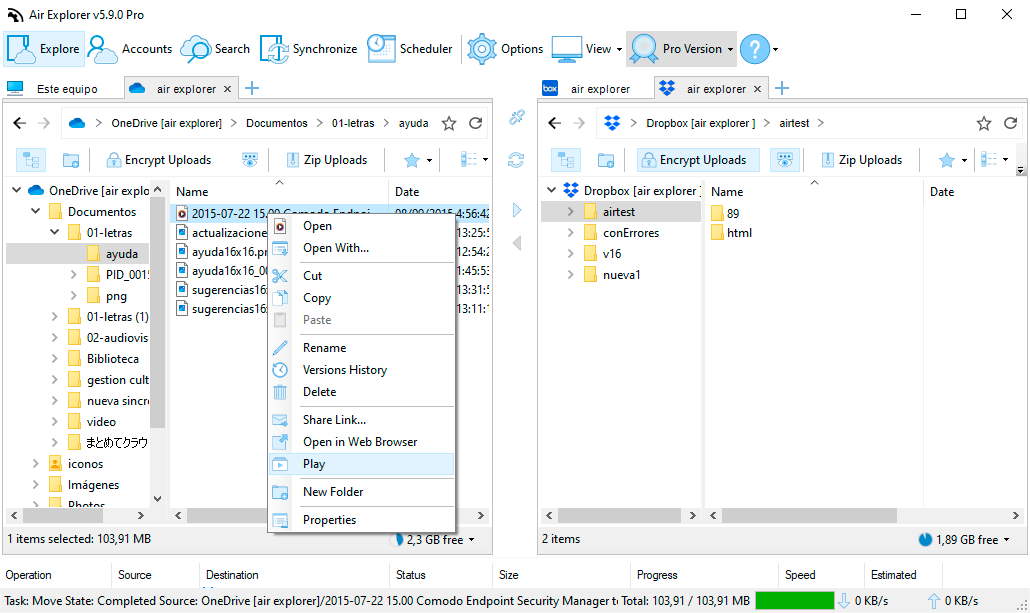 Operaciones de archivos de Air Explorer en la interfaz del Explorador