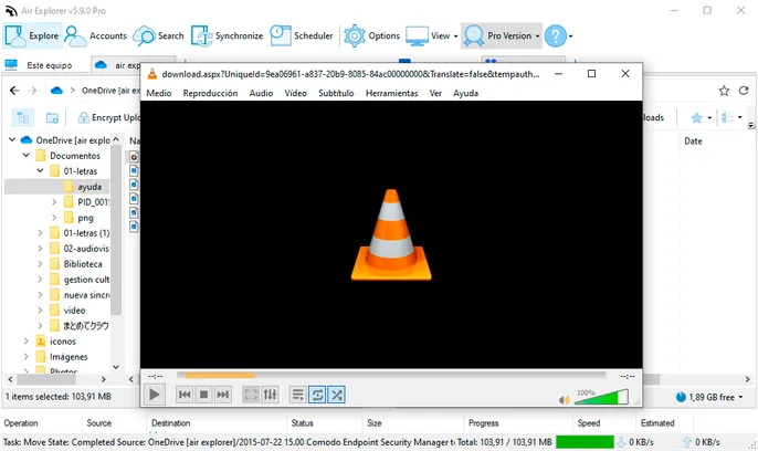 VLC reproduciendo en tiempo real un vídeo de la nube abierto directamente desde Air Explorer