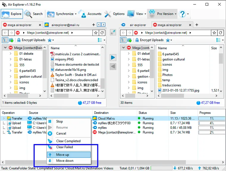 Transfer priority menu in Air Explorer